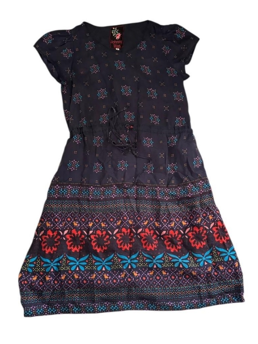 Johnny Was Silk Dress - size Small - Navy Dress with Red and Blue Floral Border